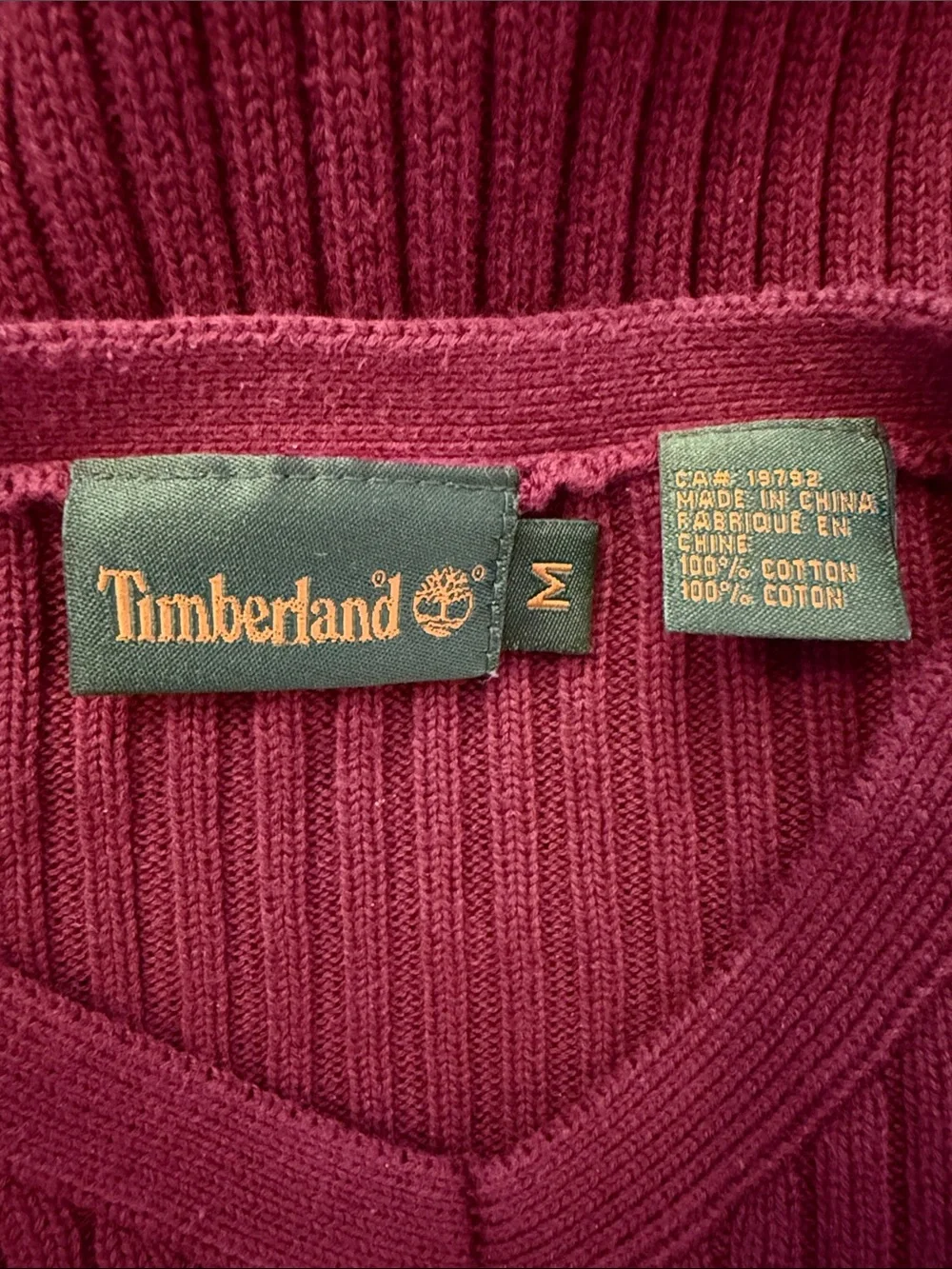 Vintage 2001 Timberland Rib Knit V Neck Sweater Burgundy Cotton Medium Y2K Logo